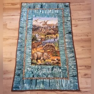 New Handmade Dinosaur Scene Blue Brown Twin Size Quilt  74” X 45”